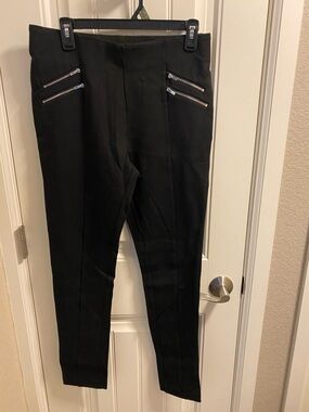 Slimming Options L Pants Black Silver Zip Stretch Skinny Leg Slacks Large Lg